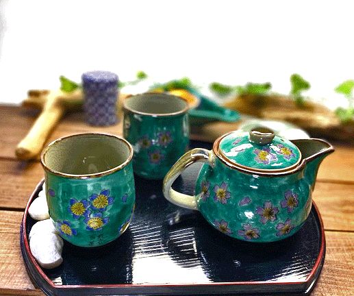 メーカー直送 九谷焼 急須3点セット 大 グリーン地桜 裏絵