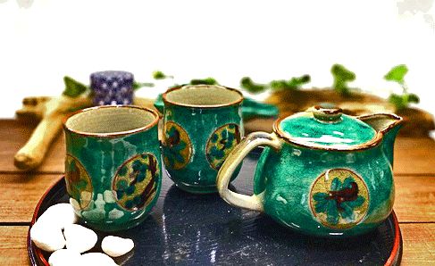 メーカー直送 九谷焼 急須3点セット 大 丸紋松竹梅 緑塗り 裏絵