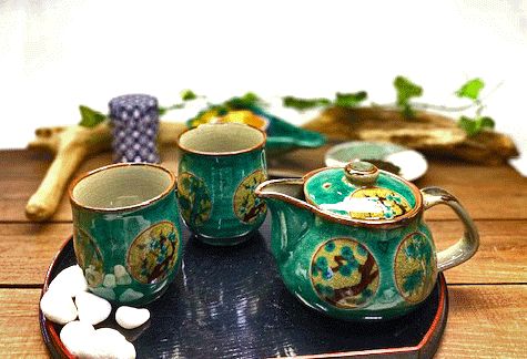 メーカー直送 九谷焼 急須3点セット 大 丸紋松竹梅 緑塗り 裏絵