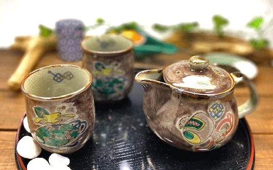 メーカー直送 九谷焼 急須3点セット 大 宝尽くし紫塗り 裏絵