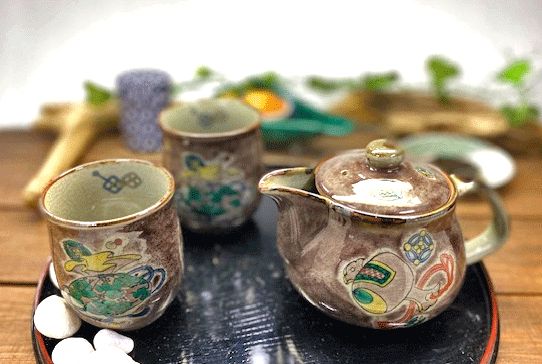 メーカー直送 九谷焼 急須3点セット 大 宝尽くし紫塗り 裏絵