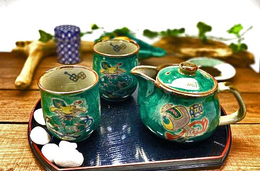 メーカー直送 九谷焼 急須3点セット 大 宝尽くし緑塗り 裏絵