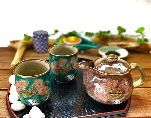 メーカー直送 九谷焼 急須3点セット 大 白兎ソメイヨシノ紫塗り 湯呑緑塗り 裏絵