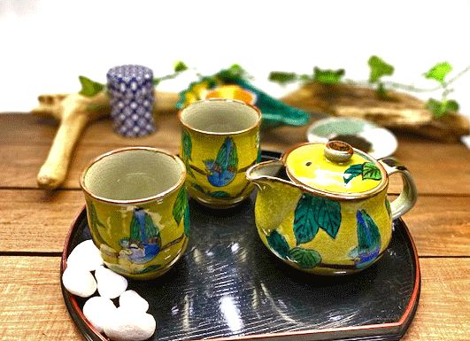 メーカー直送 九谷焼 急須3点セット 大 濃い塗り 吉田屋 花鳥 裏絵