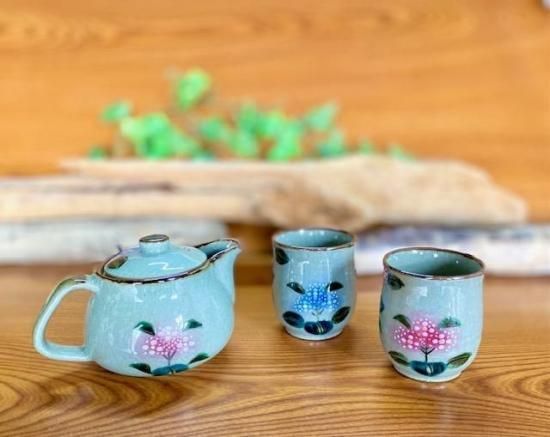 メーカー直送 九谷焼 急須3点セット 大 がく紫陽花ブルー＆ブルー 裏絵 湯呑同サイズ