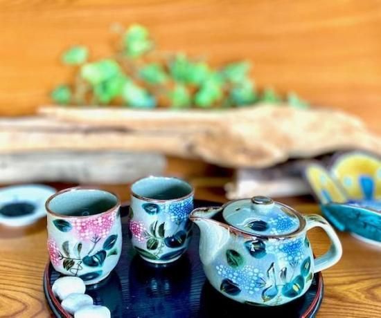 メーカー直送 九谷焼 急須3点セット 大 がく紫陽花ブルー&ブルー 裏絵 湯呑同サイズ