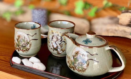 メーカー直送 九谷焼 急須3点セット 大 風神雷神 裏絵