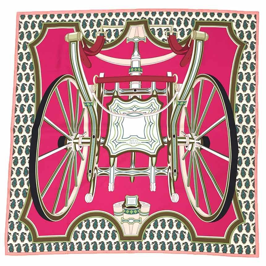 HERMES エルメス カレ90 LES ROUES DE PHAETON 四輪馬車の車輪 スカーフ シルク ピンク 新古品 aq11951