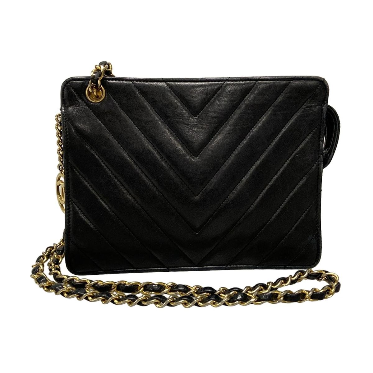 CHANEL シャネル ショルダーバッグ Vステッチ シェブロン 黒 ゴールド金具 チェーンショルダー サークルココチャーム ラムスキン