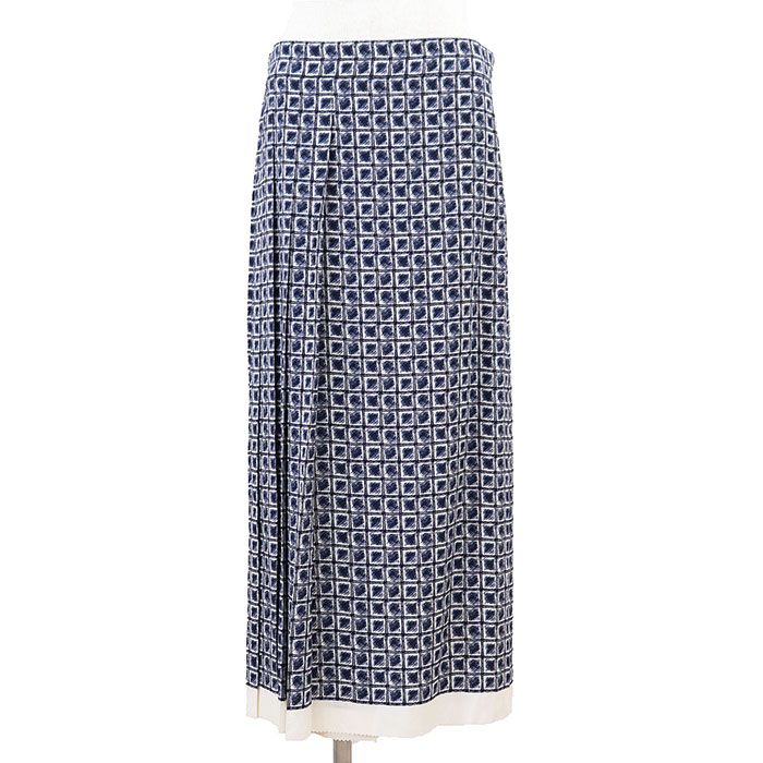 Salvatore Ferragamo サルヴァトーレ フェラガモ プリーツスカート チェック フ ジオメトリック 転写プリント アシンメトリー カットオフボトム レーヨン ボトムス レディース 44 ネイビー系 紺 イタリア製