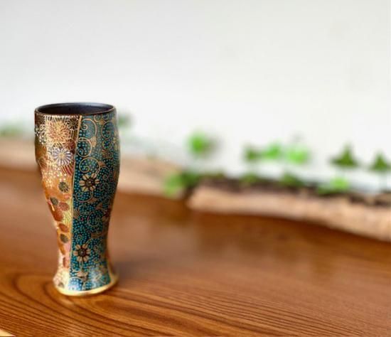 メーカー直送 九谷焼 特大ビアグラス ビアカップ 青粒 金花詰 桐箱入り