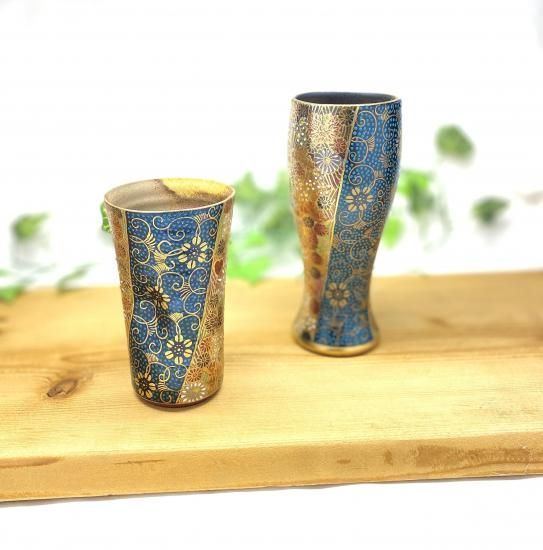 メーカー直送 九谷焼 ペアビアグラス ビアカップ 青粒 金花詰 大小