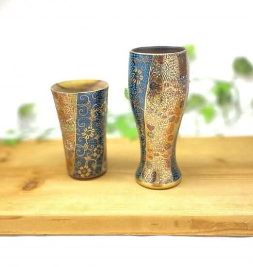 メーカー直送 九谷焼 ペアビアグラス ビアカップ 青粒 金花詰 大小