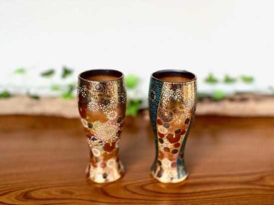 メーカー直送 九谷焼 ペアビアグラス 大 金花詰& 桐箱入り