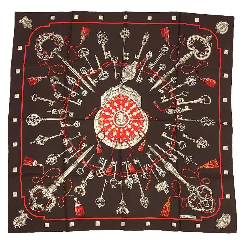 HERMES エルメス カレ90 スカーフ LES CLES 鍵柄 ブラウン aq11943