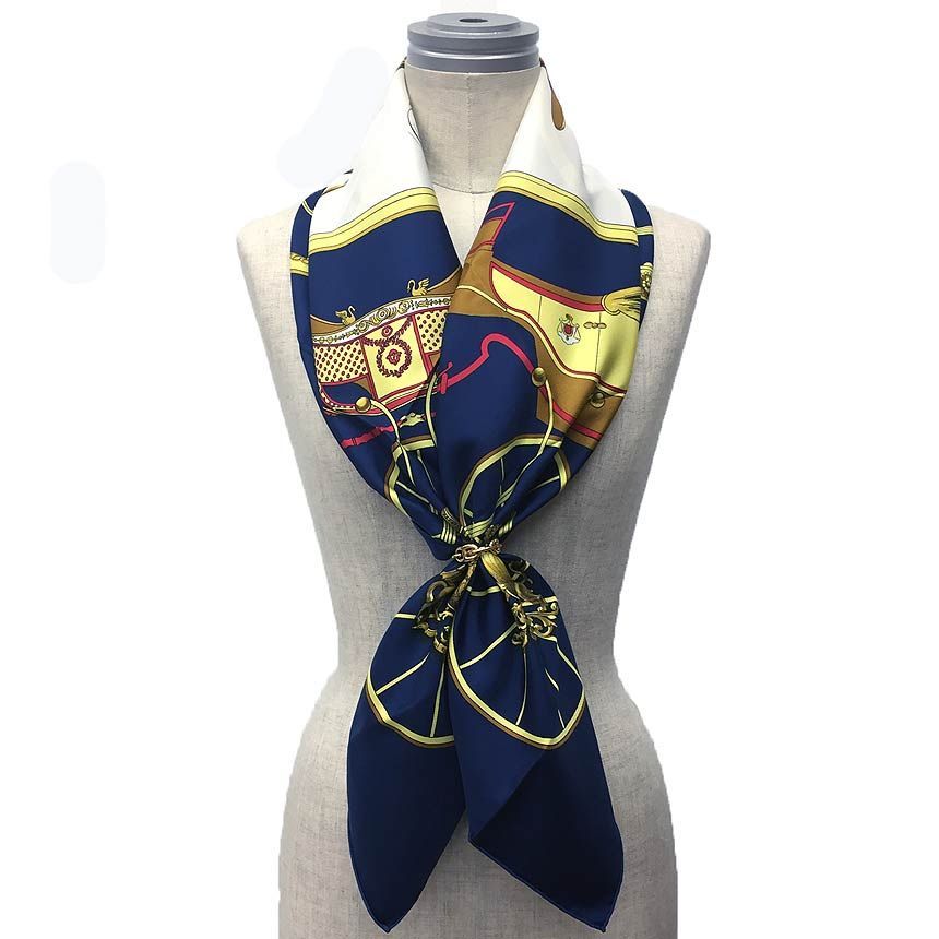 物 HERMES エルメス スカーフ カレ90 SPRINGS シルク100％ 馬車柄 ネイビー系 aq 11942