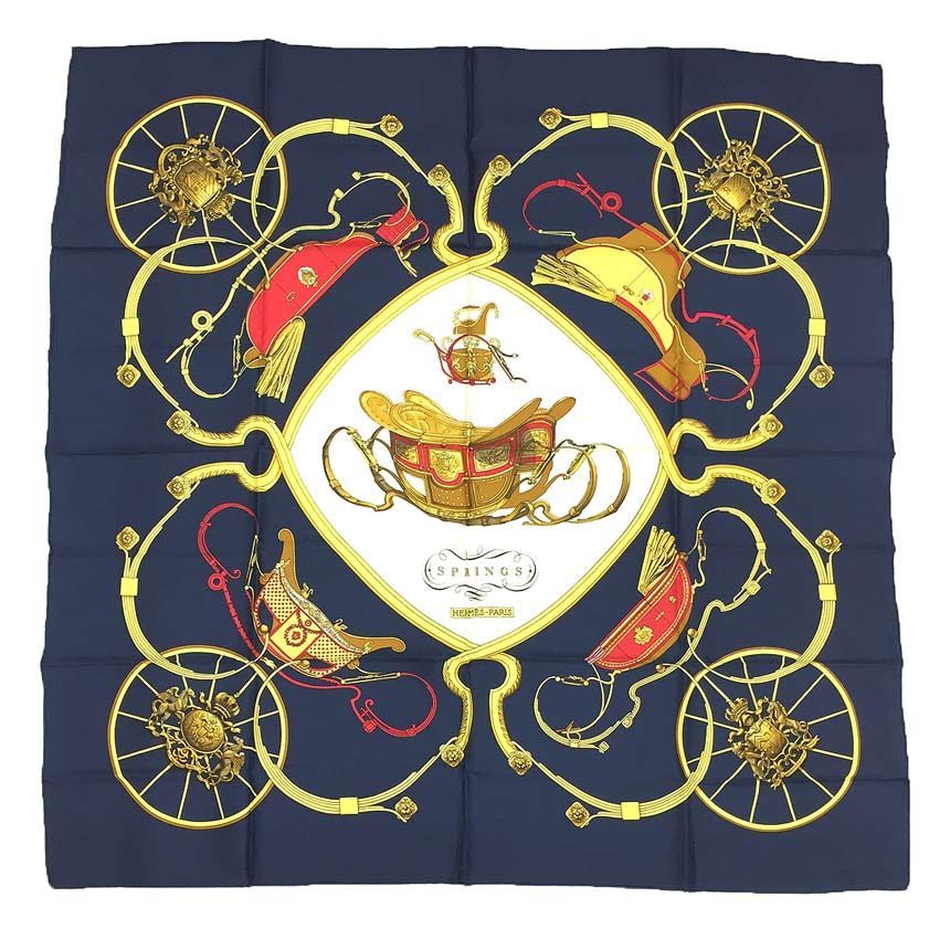 物 HERMES エルメス スカーフ カレ90 SPRINGS シルク100% 馬車柄 ネイビー系 aq11942