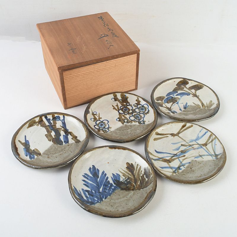 幸兵衛窯　鷺草銘々皿　5客　共箱　V　4306 幸兵衛窯 鷺草銘々皿 5客 共箱 V 4306