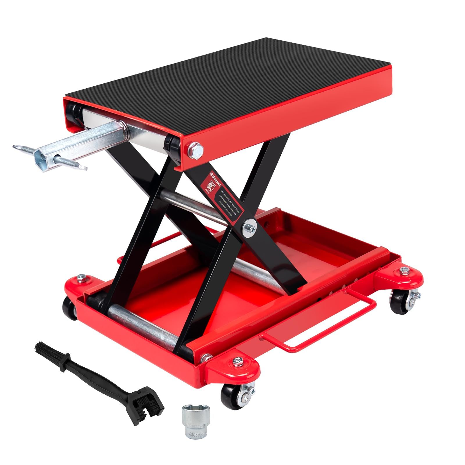Donext バイクジャッキ バイクリフト リフトドーリー 耐荷重500 kg ソケット付 ゴムマット付 キャスター付 3面チェーンブラシ付き レッド