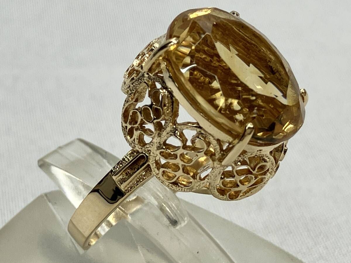 K 18 リング 11.5号 5.6 g H 1.4×W 1.1 cm 幅0.2 ストーン イエロー 平打 オーバル