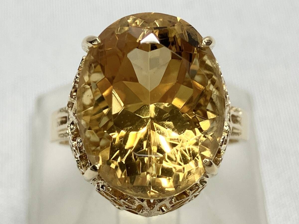 K18 リング 11.5号 5.6g H1.4×W1.1cm 幅0.2cm ストーン イエロー 平打 オーバル