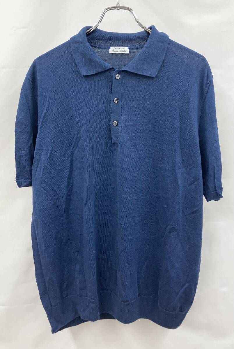 Cesare Attolini チェザレ アットリーニ 半袖ポロシャツ サマーニット 綿麻混紡 イタリア製 サイズ54 ブルー 夏