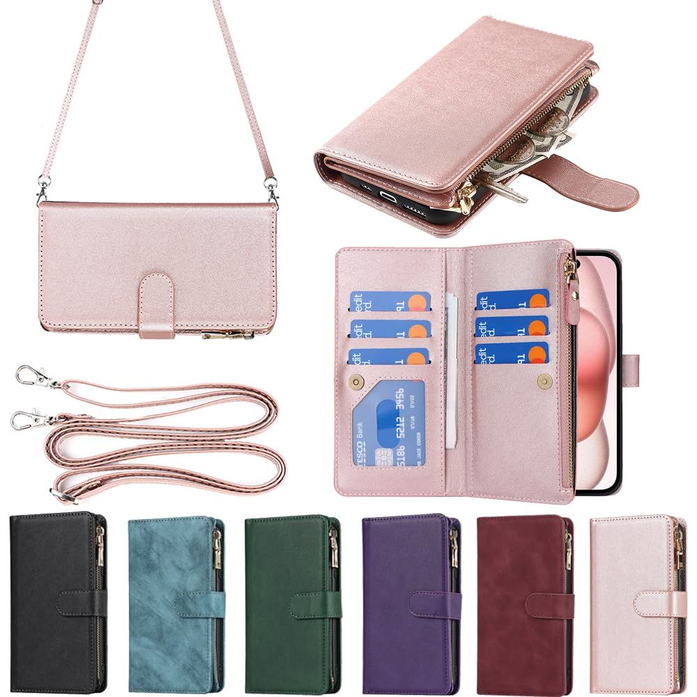 100%新品，セール 新品 Eastwave アイフォン 15 ケース For iPhone 15 縄掛けケース For iPhone15 手帳型 財布型 ICカード コインポケット ストラップ付き カード 収納 小銭入れ ファスナーポケット付き PUレザー 6色ピンク その他