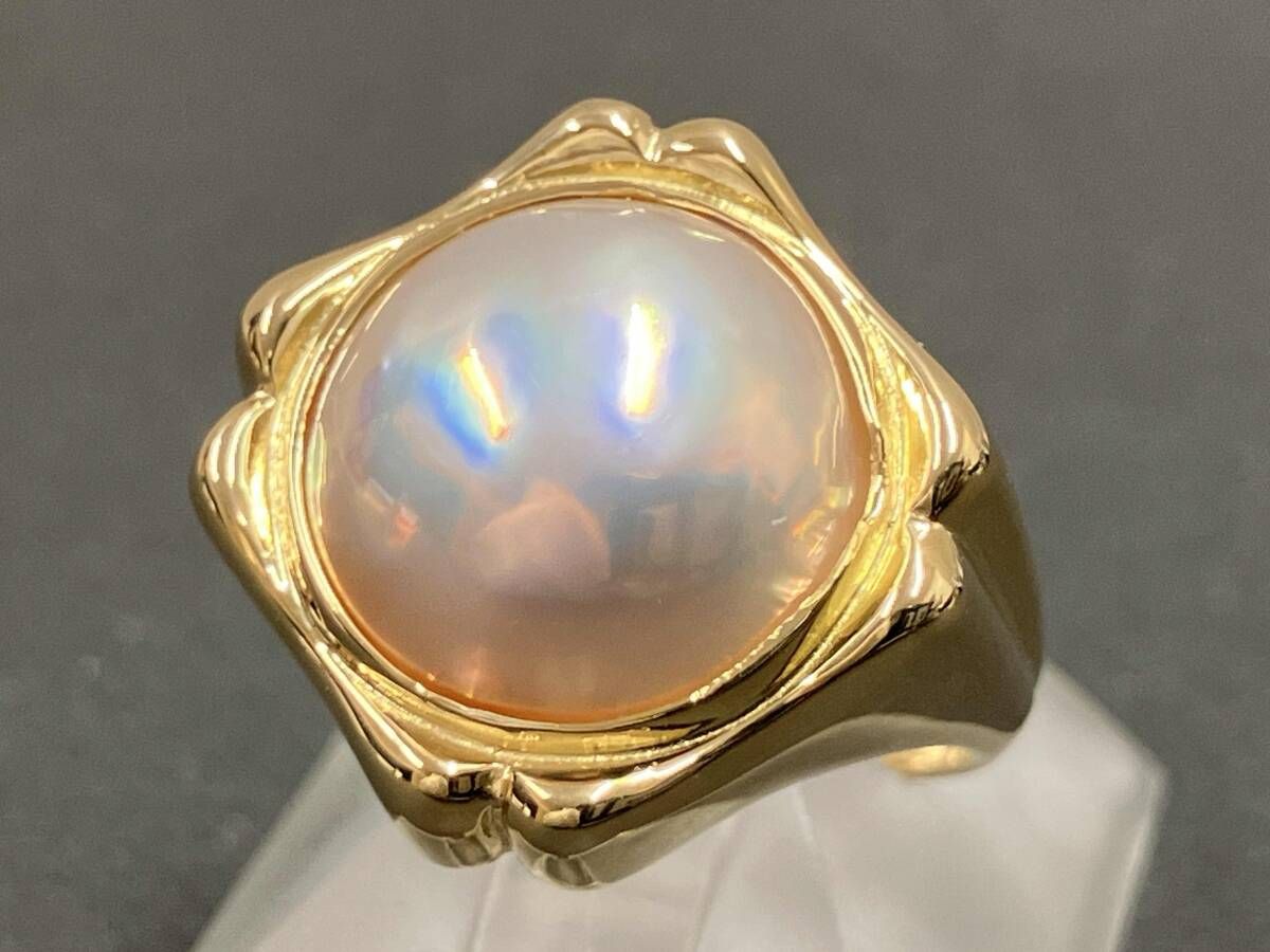 クリーニング済 K18 ゴールド リング 総重量約6.3g 約9号 ハーフパール 簡易鑑別書付 指輪