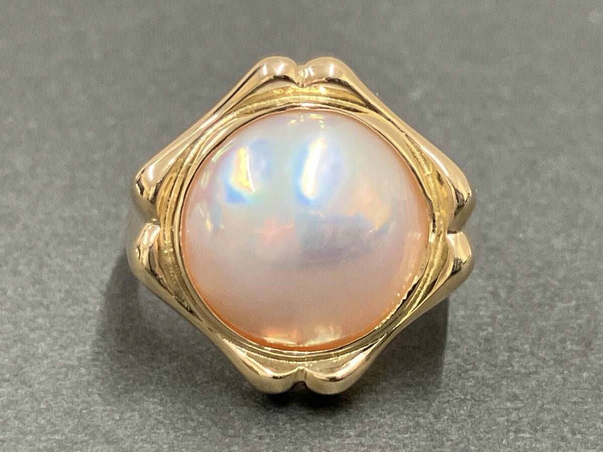 クリーニング済 K 18 ゴールド リング 総重量約6.3 g 約9号 ハーフパール 簡易鑑別書付 指輪