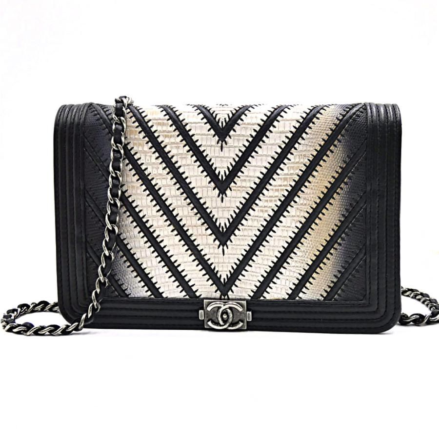 CHANEL シャネル チェーンショルダー Vステッチ ショルダーバッグ リザード ブラック ホワイト レディース