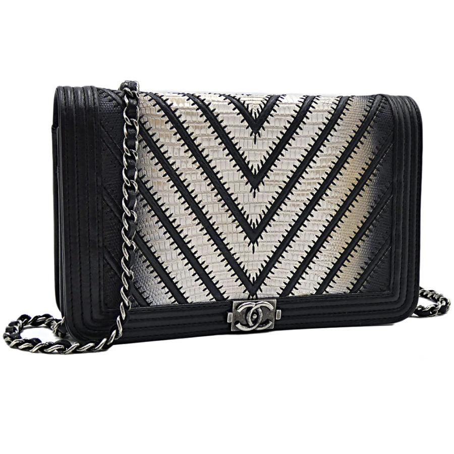 CHANEL シャネル チェーンショルダー Vステッチ ショルダーバッグ リザード ブラック ホワイト レディース