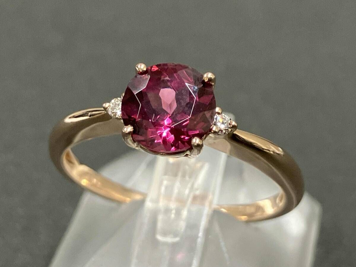 クリーニング済 K18 ゴールド リング 総重量約3.1g 約18号 天然ロードライトガーネット 天然ダイヤモンド 簡易鑑別書付 指輪