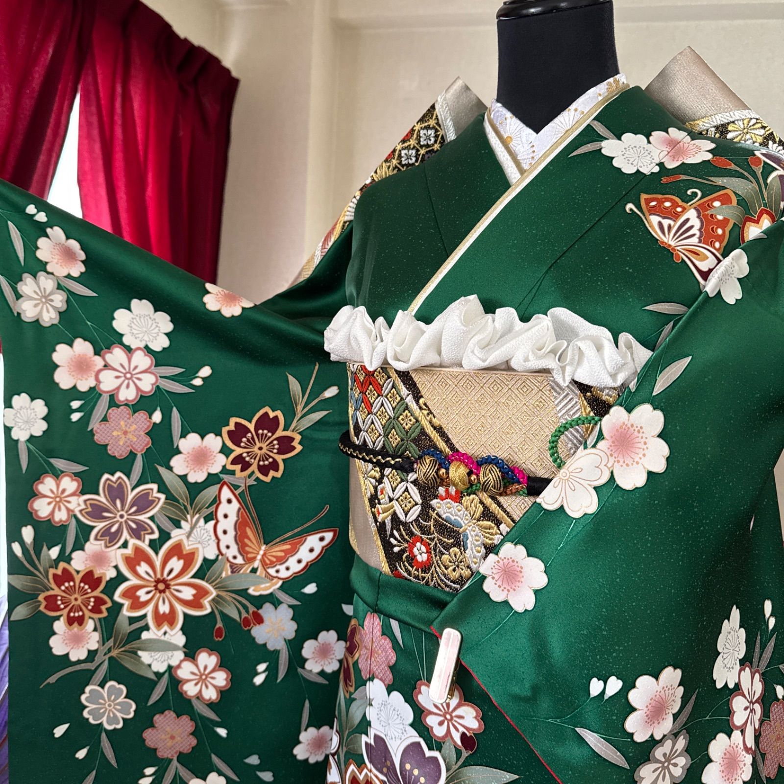 正絹 豪華振袖フルセット 古典柄 緑色・舞蝶・枝垂れ桜・金銀彩FS093
