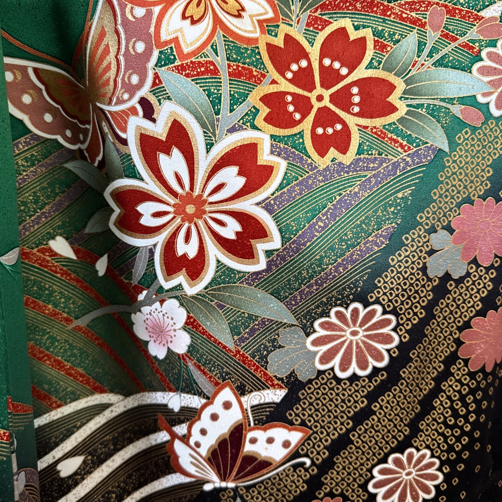 正絹 豪華振袖フルセット 古典柄 緑色・舞蝶・枝垂れ桜・金銀彩FS093