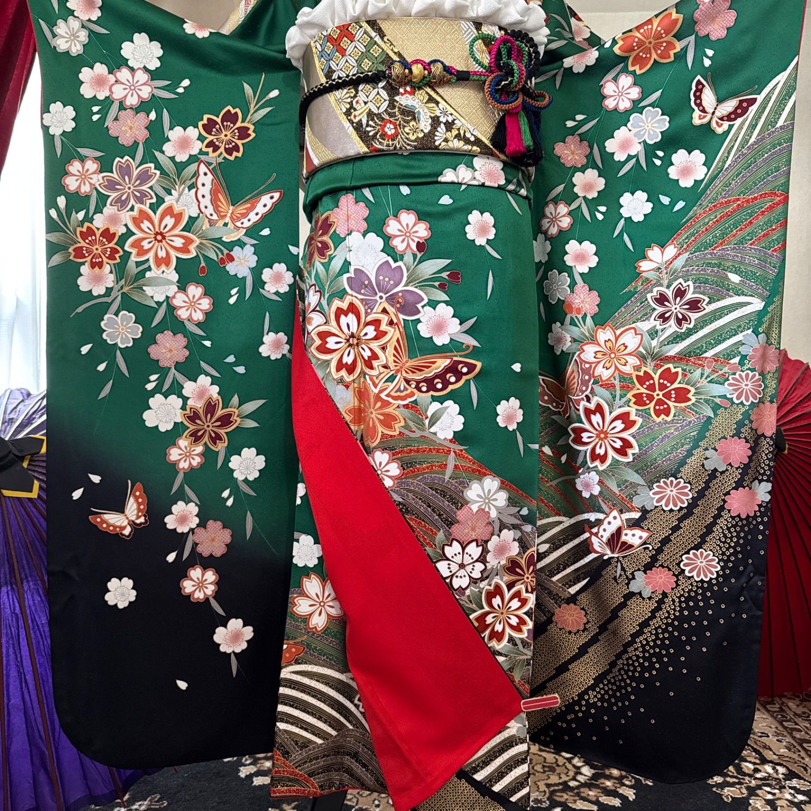正絹 豪華振袖フルセット 古典柄 緑色・舞蝶・枝垂れ桜・金銀彩FS093