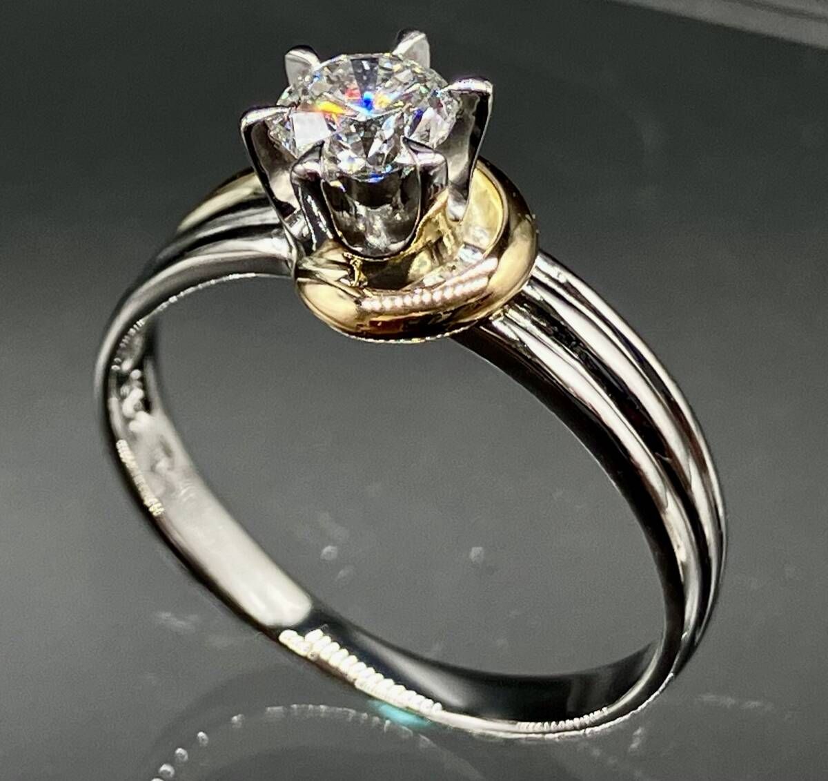 鑑定書付き 仕上げ済み Pt900 K18 リング 一粒 ダイヤモンド 0.364ct 9号 9 3.3g ゴールド プラチナ コンビ