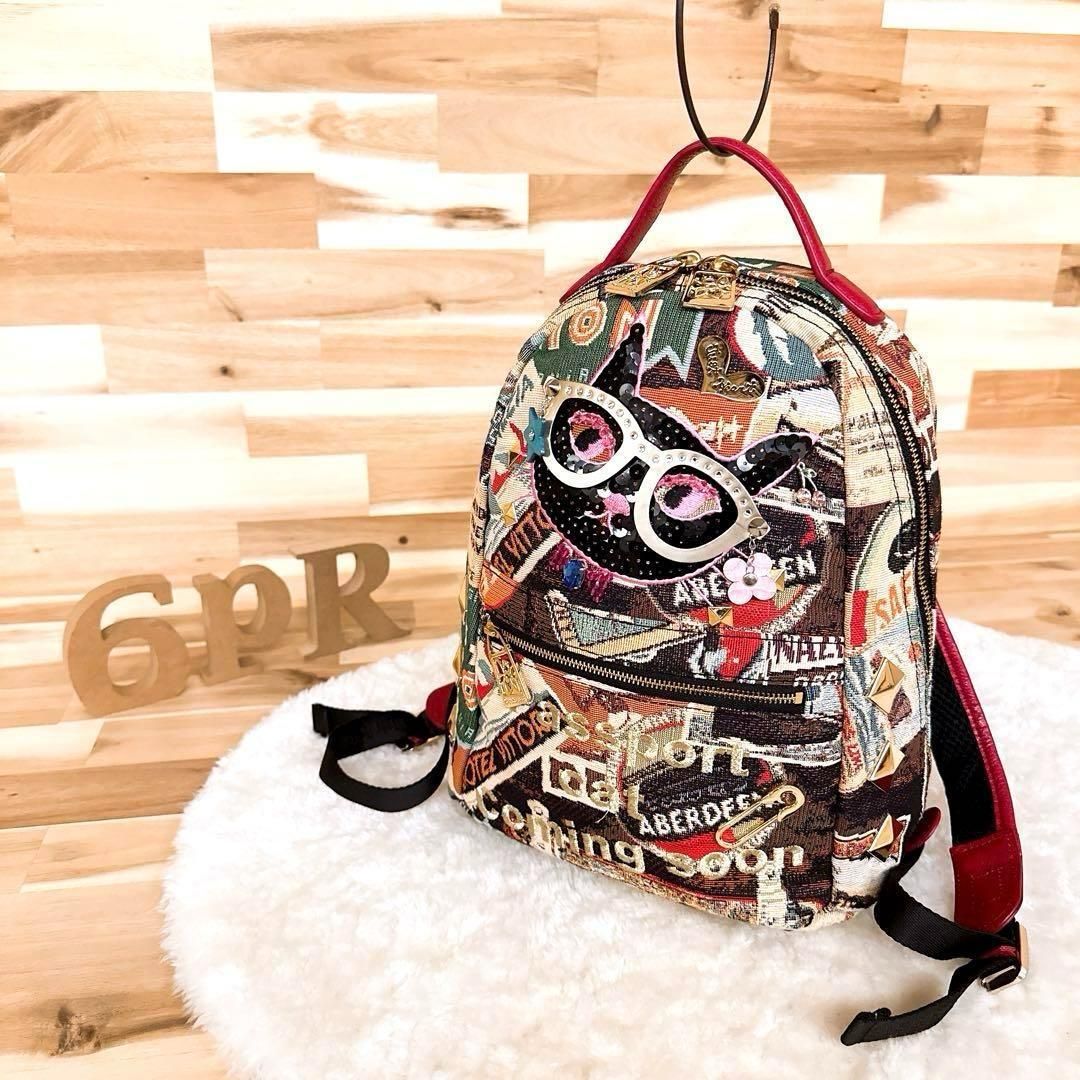 シンクビー パスポートキャット 猫 ネコ リュック 刺繍ゴブラン ベージュ×赤 ねこ バックパック ゴブラン