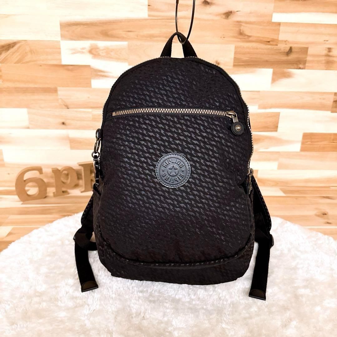 キプリング シャドー 千鳥格子 ナイロン リュック 千鳥 チャーム付き 黒×金 A4サイズ 千鳥柄 総柄 バックパック