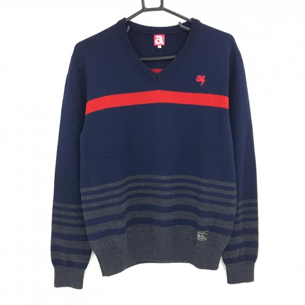 アルチビオ セーター ネイビー×グレー 一部ボーダー 胸元レッドライン ニット ウール100% メンズ 46 M ゴルフウェア archivio