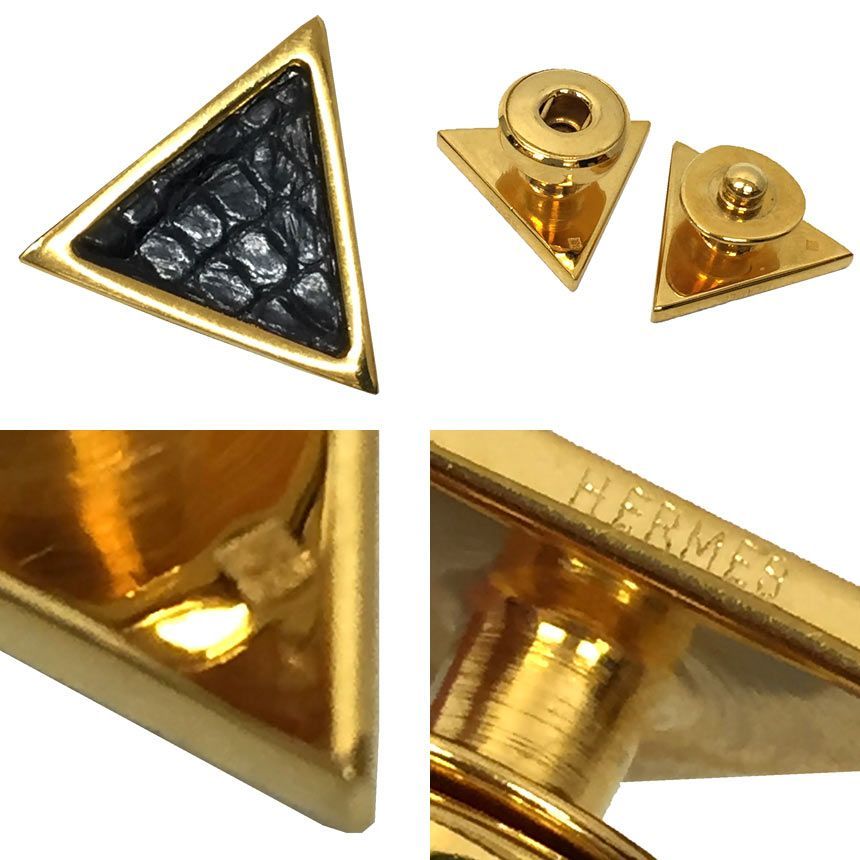 HERMES エルメス トライアングル カフス カフリンクス リザードレザー ゴールド×ブラック aq11929