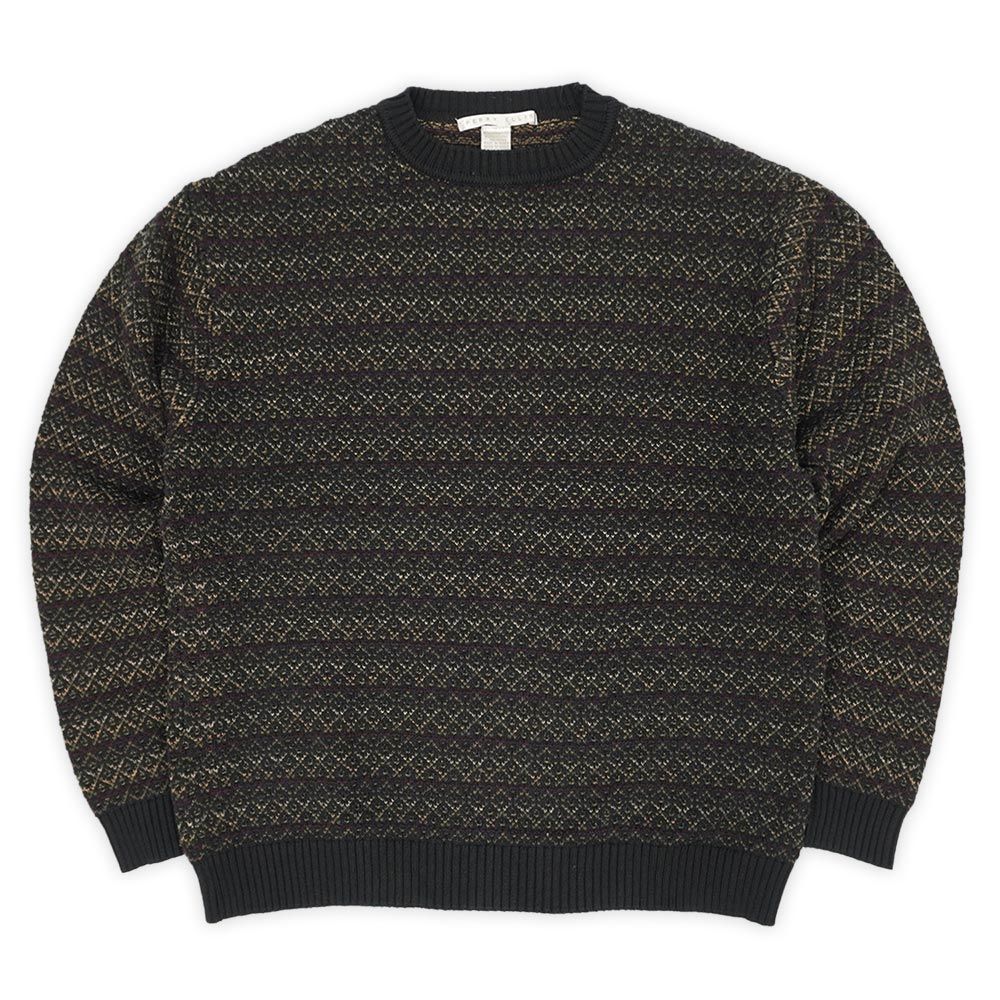 ペリーエリス PERRY ELLIS 90s 90年代 コットンニット クルーネック 旧タグ ボーダー ペリエリ USA ヴィンテージ オールド アメリカ 古着 メンズ ニット セーター ブラック系 総柄 L【】