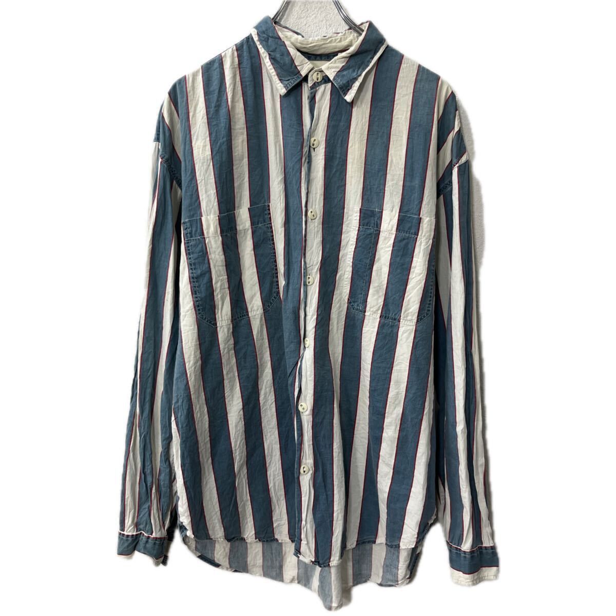 BADGE 長袖 ストライプシャツ L ホワイト ブルー 胸ポケット コットン 長袖シャツ トップス 春物 a711-5619