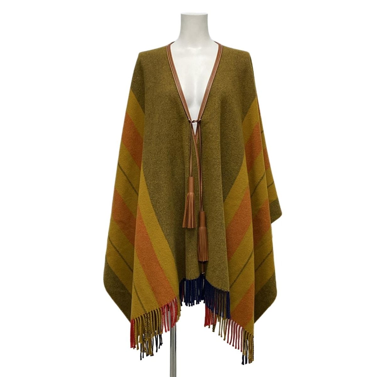 エルメス ポンチョ レディース - ダークイエロー×レッド×マルチ カシミヤ混 ストライプ タッセル ロカバール 冬 ウール カシミヤ