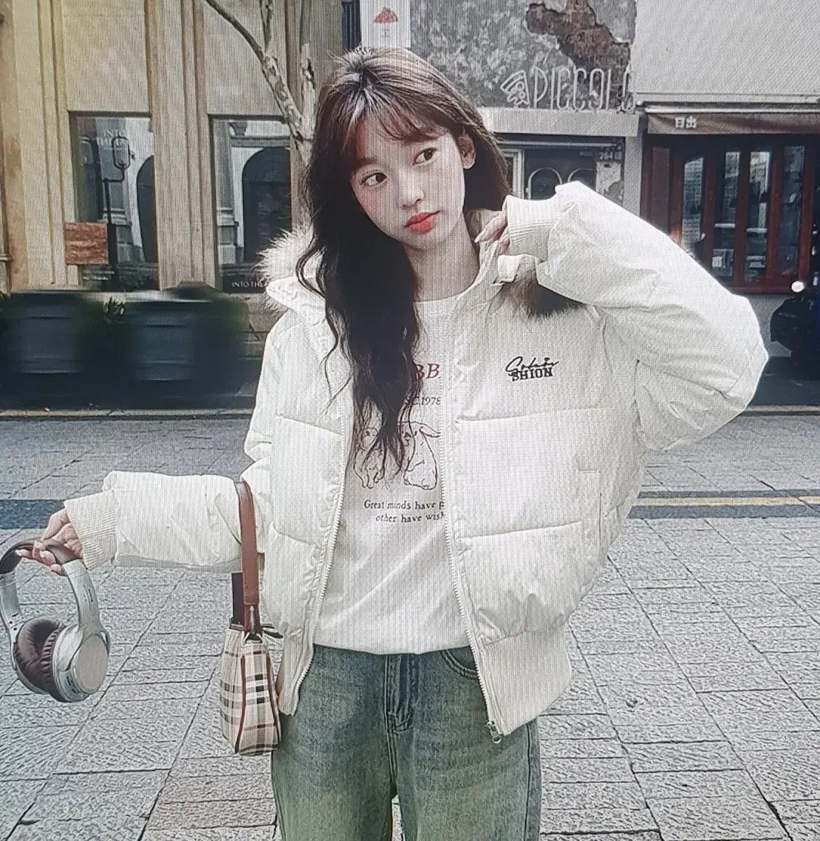 海外配送 アイボリー ブラック ファー フード ショートダウン