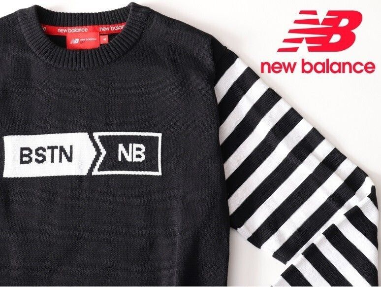 New Balance ニューバランス クルーネック長袖ボーダー柄ニットセーター5 L 012-9170003 ブラック黒 本物保証 品