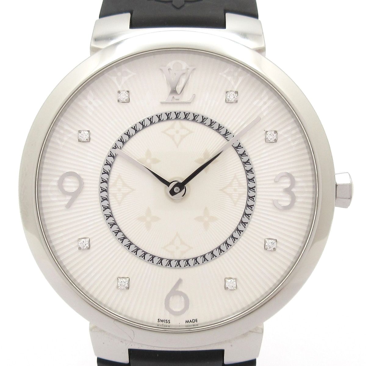 LOUIS VUITTON ヴィトン 腕時計 タンブールスリムGM Q1E01 レディース SS モノグラム柄ラバーベルト 8Pダイヤインデックス 白