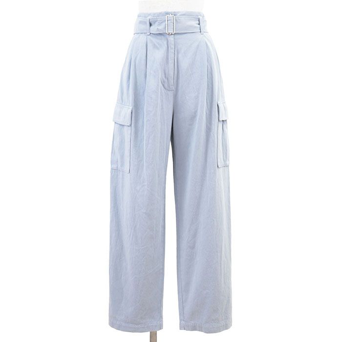 CLANE クラネ カーゴパンツ ハイウエスト バック スリット 2タック ワイドテーパード ミリタリー コットン ボトムス ベルト付属 レディース サイズ 1 サックスブルー 水色 14110-7082