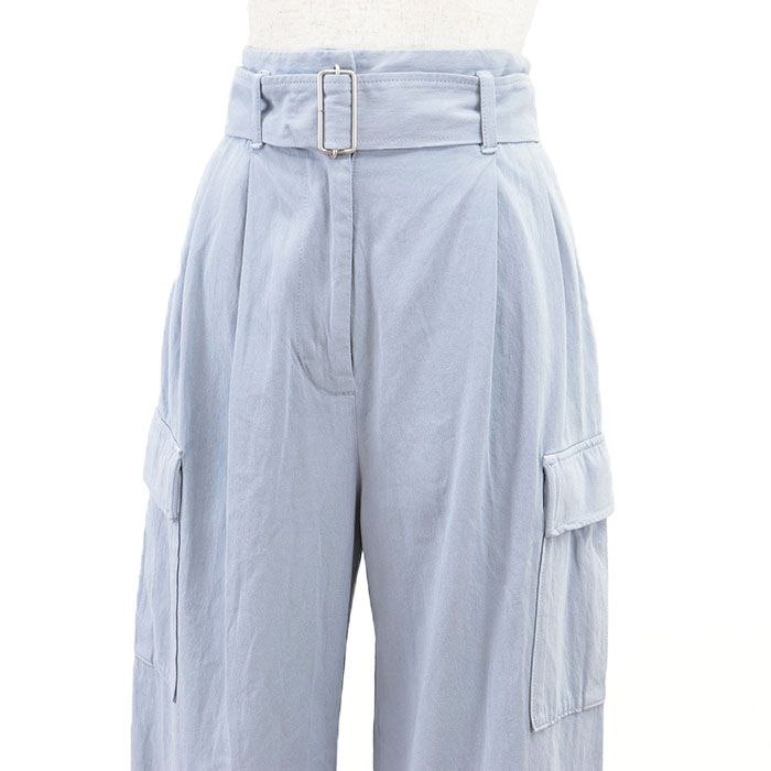 CLANE クラネ カーゴパンツ ハイウエスト バック スリット 2タック ワイドテーパード ミリタリー コットン ボトムス ベルト付属 レディース サイズ 1 サックスブルー 水色 14110-7082