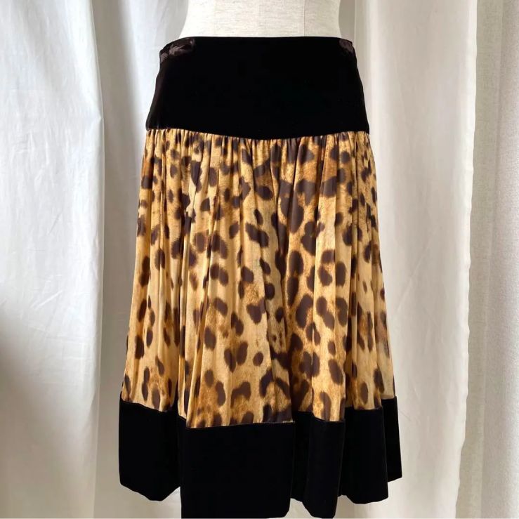 DOLCE-GABBANA ドルガバ ヒョウ柄 レオパード ベロア ベルベット 切り替え シフォン スカート レース シルク チョコレートブラウン 38