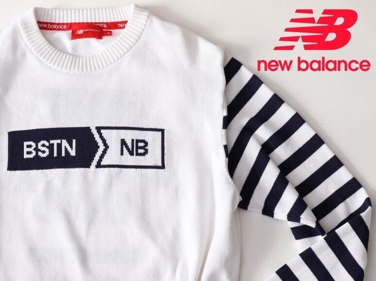 New Balance ニューバランス クルーネック長袖ボーダー柄ニットセーター5 L 012-9170003 ホワイト白 本物保証 品